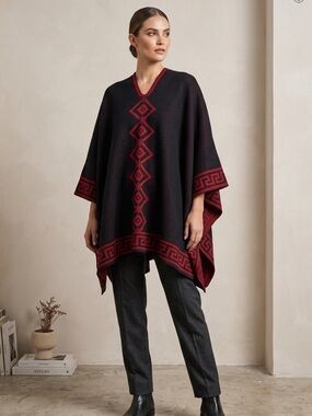 Hand Crafted Black and Red Geometric Knit Poncho